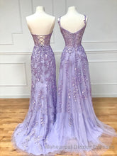 Long Purple Lace Semi Formal Prom Dresses,Unique A Line Semi Formal Prom Evening Dress